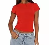 Damen Basic Kurzarm Crop Top Casual Y2K Rundhalsausschnitt Tops Slim Fit Tshirts Influencer Top Shirt(Red-168,M)