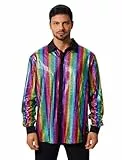 FYMNSI Herren Pailletten Langarm Hemd 70er Disco Party Kost�m Slim Fit Button Down Metallic Gl�nzend Kleid Shirts Nachtclub Top Freizeithemd 80er Jahre Outfit Karneval Fasching Oberteil Bunt M