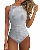 DOULAFASS Hohem Halsausschnitt Badeanzug Damen Bauchweg Figurformender Einteiliger Bademode Rückenfrei Sexy Swimsuit Streifen M