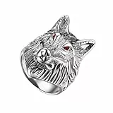 JewelryWe Ring Herren Wolf Kopf: Silber Edelstahl Wolfskopf Herrenring mit roten Augen Gothic Biker Rocker Männer Band Bandring mit Gravur Größe 70