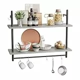 Bestier 80 cm 2-stufiges schwebendes Rohrregal, industrielles wandmontiertes Leiterregal mit Rundrohr und Haken, Holzregal für Dekoration und Aufbewahrung (Grau, 80CM)