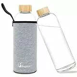 Bugucat Trinkflasche 1 Liter, Glas aus Borosilikat mit Schutzhülle, Auslaufsichere Wasserflasche für kalte & heiße Getränke, Grau