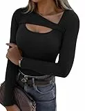 Aottori Langarmshirt Damen mit Asymmetrischer Ausschnitt Elegant Oberteile Gerippt Stretch Tshirt Langarm Slim Fit Pullover Sexy Casual Basic Tops Schwarz M