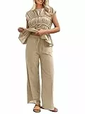 Tankaneo 2-teiliges Damen-Babydoll-Outfit, plissiert, Flügelärmel, Bluse, weites Bein, Hose, Baumwolle, Reise-/Urlaubssets, aprikose, L