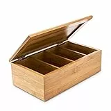 Relaxdays Teebox HBT: 9 x 28,5 x 16 cm Teekiste aus Bambus mit aufklappbarem Deckel Teedose mit 4 Fächern für circa 80 Teebeutel als Teebeutelbox und Schmuckkästchen aus Holz kein Aromaverlust, natur