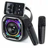 PKBD Karaoke-Maschine 2 Mikrofone für Kinder Erwachsene, Bluetooth-Lautsprecher drahtlos mit dynamischem Licht/Telefonhalter/Sprachenwechsler Mikrofon, Karaoke-Maschinen, Schwarz