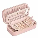 SONGMICS HOME ANAH Kollektion - Schmuckkästchen Reise, Schmuckbox klein, Schmuckaufbewahrung mit Spiegel, 10,5 x 20,5 x 6 cm, PU mit Nähten, Reißverschluss, Geschenkidee, pastellrosa JBC180S01