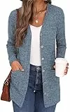 GRECERELLE Damen Lang Strickjacke Herbst Leichte mit Taschen und Knöpfen Weiche Long Elegant Gerippt Cardigan V-Ausschnitt Langarm über Top Kleid (10 Hellblau, L)