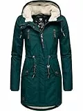 Ragwear Damen Mantel Lange warme Winterjacke mit Teddyfell-Kapuze Elsie Intl Dark Green22 Gr. L