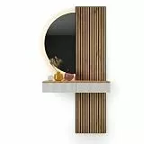 Planetmöbel Flurgarderobe Set Konsolentisch 100 cm inkl. Spiegel mit Beleuchtung halbrund 50 x 100 cm, 2X Akustikpaneele 120 x 50 cm, Flur Möbel modern, Gold Eiche/weiß