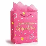 COMOOKA Geschenktüte Geburtstag XL 25x21x10cm Groß Geschenktasche mit Henkel Rosa Happy Birthday aus Papier Tüte mit Seidenpapier für Frau Mädchen Mann Junge (Rosa)