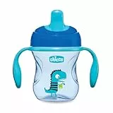 Chicco Training Trinklernbecher für Babies ab 6 Monaten, Auslaufsicherer Kinder Trinkbecher mit ergonomischer halbweicher Tülle, Ventil und abnehmbaren Griffen - Blau oder Grün