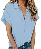 Hotouch Damen Hemd Freizeit Kurzarm Bluse Baumwolle Hemdbluse Elegant Blusenshirt zum Knöpfen V-Ausschnitt Leinenbluse Casual Arbeit Shirt mit Tasche Blau M