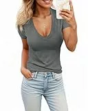Fessceruna Damen Sommer Sexy Kurzarm T-Shirt Tops Tiefer V-Ausschnitt Shirts Casual Slim Fit Basic T-Shirt Tee, A-Grau, Klein