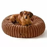 MEWOOFUN Hunde-Donut-Betten für kleine Hunde, beruhigendes Hundebett, rundes süßes Welpenbett mit Rutschfester Unterseite, Flauschiges (Braun, 64x64x18cm)
