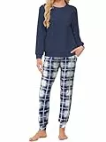 Famulily Schlafanzug Damen Lang Pyjama Set Fleece Karo Nachtwäsche mit Taschen 2 Stück Frauen Winter Langarm Bequem Lounge Freizeitanzug Navyblau XXL