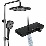 Rainsworth Duschsystem mit Thermostat und Glasablage Schwarz - Duscharmatur Komplettset mit Regendusche 26 x 26 cm, Handbrause 3 Strahlarten und Unterer Auslauf - Duschset Regendusche mit Armatur