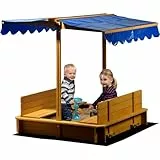 dobar® Sandkasten mit schwenkbarem Dach | Kinder-Sandkasten aus Holz | Sitzbänke | Sandbox inkl. Bodenplane | Verschließbare Sandkiste | 112 x 112 x 112 cm | Blau