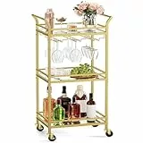 VASAGLE Servierwagen, 3 Ebenen, Rollwagen, mit Rollen, Griffen, verspiegelte Glasablagen, für kleine Räume, Küche, Esszimmer, Bar, goldfarben LRC091A62