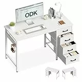 ODK Kleiner Schreibtisch mit 4 Schubladen, 100x48x75.7cm Computertisch Umkehrbarer Bürotisch mit Kopfhörer Halter, PC Tisch Holz für Heimbüro, Weiß