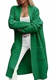 Imily Bela Damen Strickjacke mit Taschen Lang Grobstrick Cardigan Herbst Strickmantel Winter Open Front Pullover(Grün, M)