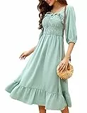 KOJOOIN Damen Kleid Casual Lange Sommerkleid 3/4 Ärmel Swing Midikleid A Linie Freizeitkleid mit Hohe Taille Grün L