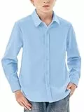 Haloumoning Jungen Hemd Langarm Knopfleiste Shirt Regular Fit Casual Freizeit Party Hemden Einfarbig Bügelleicht Formale Schuluniform Oberteile, Himmelblau, 13-14 Jahre