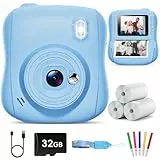 Hangrui Kinderkamera Sofortbildkamera, 14MP Sofortbildkamera Kinder mit 32G Karte & Druckpapier, 1080P Kamera Kinder Sofortdruck mit Farbige Stifte, Geschenk für 3-12 Jungen und Mädchen-Blau