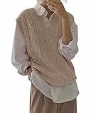 Tongmingyun Pullunder Damen Ärmellos V-Ausschnitt Strickweste Oversize Pullover Strickpullover Strickpulli Casual Damen Herbst Pullover Mode Feinstrick Strickweste Khaki M