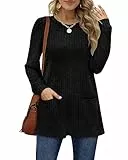 Aokosor Pullover Damen Herbst Elegant Vordertasche Strickpullover für Leggings Dünn Oversize Lang Schwarz L