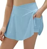 Haloumoning Tennisrock Mädchen Rock mit Hose Drunter Crossover High Waist Golf Skorts Sportrock für Kinder Sommer A-Linie Kurz Hosenrock Breezeful Falten Röcke Blau 12-13 Jahre