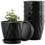 Gobesty 6er Blumentopf 10 cm, Hochwertige Plastik Blumentöpfe im Waffelmuster mit Untersetzer und Drainagelöchern, kleine Flower Pot Set für Draussen und Drinnen Pflanzen, Schwarz/Weiß (Schwarz)
