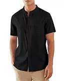 RAISEVERN Leinenhemd Herren Kurzarm Hemd Stehkragenhemd Freizeithemd Lässig Leinenshirt Sommerhemden Hemden Strandhemd Anzughemd Schwarz, L