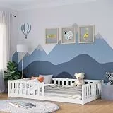 Bellabino Vere Bodenbett 120x200 cm – Montessori Kinderbett mit Rausfallschutz & Lattenrost, Massives Boden Bett für Jungen & Mädchen aus Holz Kiefer – Kleinkindbett in Weiß