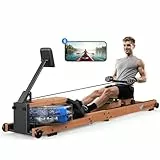 MERACH Wasser Rudergerät Holz Klappbar, Gummibaummaterial & Komfortabler Sitz, mit Exklusiver APP mit Interaktiven Karten Spiel, Immersives Rudererlebnis, Ideal für Heimfitness(R28 Faltbar)