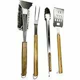 Cubesu Grillbesteck 4er Set aus rostfreiem Edelstahl & Akazienholz - Grillspachtel mit Flaschenöffner & Sägeblatt, Grillzange, Grillbürste, Grillgabel