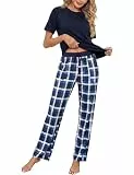 Uniexcosm Schlafanzug Damen Lang Zweiteiler Pyjama Set Kurzarm Rundhals Oberteil und Karierte Pyjamahose Sleepwear für Frauen Marineblau XXL
