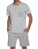 Leversic Schlafanzug Herren Kurz aus Baumwolle mit Kontraststreifen Design, Sommer Pyjama Set Oberteile und Kurze Hosen, Vater und Partner, Grau, XL