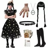 JONRRYIN Wednesday Kostüm Kinder, Mittwoch Kostüm Kleid mit Lichter, Wednesday Familie Gotisch Kleid Mädchen Cosplay mit Perücke, Fake Hand, Socken, Halskette, Aufkleber für Halloween (150)