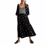 Chloefairy Damen-Maxikleid mit Blumenstickerei, Laternenärmel, quadratischer Ausschnitt, gestuftes, fließendes Frühlingskleid, Schwarz, Mittel