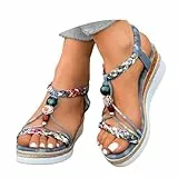 Generisch Damen Sommer Sandalen Flache Sandalette Bohemia Sandals mit Strass Perlen Freizeit Strand Schuhe Orthopädische Sandalen Casual Ankle Elastic Flip Flops Geflochtene Blau 36