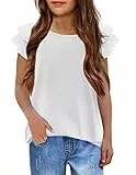 Arshiner Mädchen T-Shirt Gewellte Ärmel Kinder Sommer Rundhals Kurzarm Oberteile Lässig Mode Einfarbig Tshirts für Mädchen 5-6 Jahre Weiß