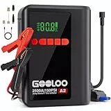 GOOLOO A2 8-in-1 Starthilfe Powerbank mit Luftkompressor, 2500A Auto-Starter (8L Benzin/6L Diesel), 150 PSI kabelloser Auto-Abschaltreifeninflator, 12V Lithium-Starterbatterie mit Starthilfekabeln