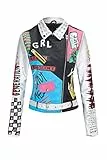 Giolshon Damen Kunstleder Jacke Nieten Floral Moto Biker Kurzer Revers Mantel 0479 Silber Schwarz M