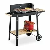 Relaxdays Grill mit Rädern, 2 Ablagen, höhenverstellbarer Rost, Windschutz, Grillwagen HBT: 80,5 x 86 x 42 cm, schwarz