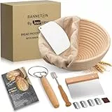 Jeensley Gärkörbchen Sauerteig Brotbacken Set Box verpackter runder Sauerteigbrot Gärkorb mit Broschüre, Liner und Brot Backen Zubehör, Handgefertigtes hochwertiges Sauerteig Starter Set