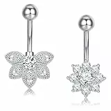 Crdifu 14G 10mm Bauchnabelpiercing Silber, 1,6mm Bauchnabel Piercing Blume aus 316L Edelstahl, 2er Set Bauchpiercing Glitzer Stein Kristall Zirkonia, Bananabell Piercing Hypoallergen Frauen Damen