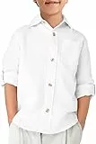 Haloumoning Jungen Hemd Baumwolle Langarm Freizeit Hemden Kinder Einfarbig Button Down Shirt Casual Party Oberteile mit Brusttasche, Weiß, 7-8 Jahre