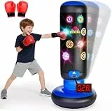 Boxsack Kinder Stehend mit Musik & Licht, Interaktiver Aufblasbarer Standboxsack mit 4 Spielmodi & Boxhandschuhen, Boxspielzeug Geschenk für Jungen Mädchen 6-12 Jahre (Blau)