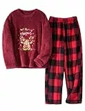 UMIPUBO Schlafanzug Damen Lang Weihnachts Winter Pyjama Set Thermo Hausanzug Kuschelig Fleece Schlafanzüge Flauschig Pijamas Warmer PjS Nachtwäsche mit Taschen Frottee Zweiteiler (Burgunderrot, XXL)